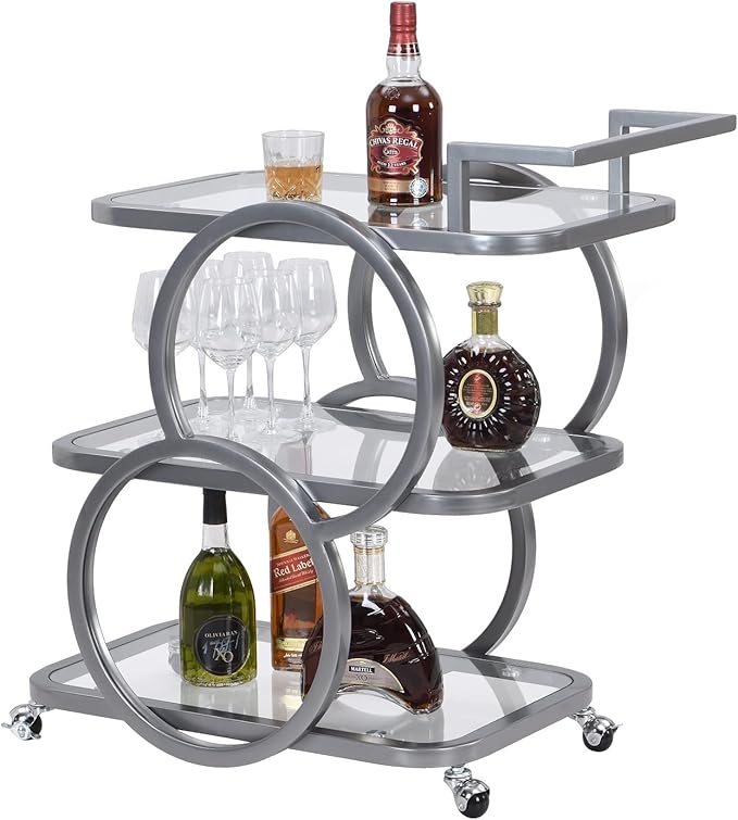 Home Bar Serving Carts 3 Tier Kitchen Carts on Wheels Mobile Bar Carts for Home Kitchen Dining Room Living Room Party, Silver Grey