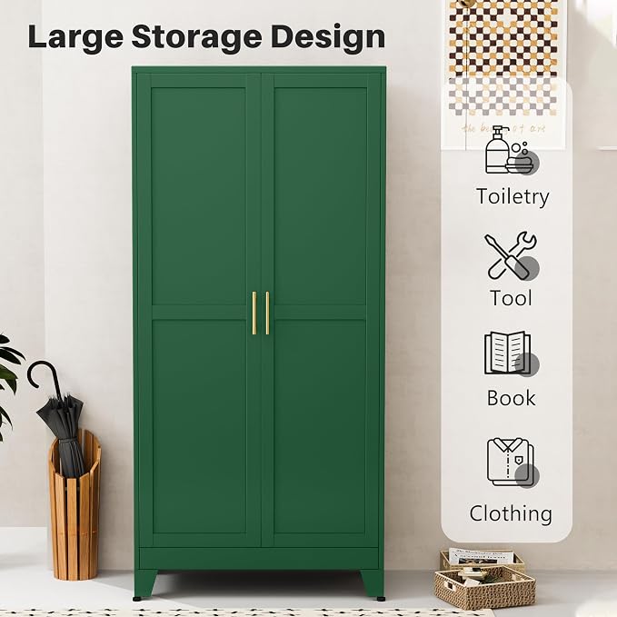 winiowa Metal Armoire Wardrobe Closet with 2 Doors, 71" Wardrobe Cabinet with Adjustable Shelves and Hanging Rod, Clothing Storage Cabinet Closet for Bedroom-Green