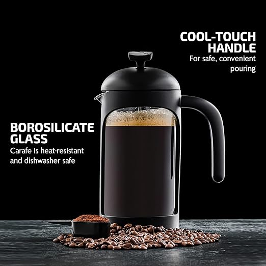 OVENTE French Press Coffee Maker 34 Ounce with Heat Resistant Borosilicate Glass & Stainless Steel 4-Level Filtration System, Portable Cold Brew Coffee Maker for Travel, Camping or Gift, Black FPB34B