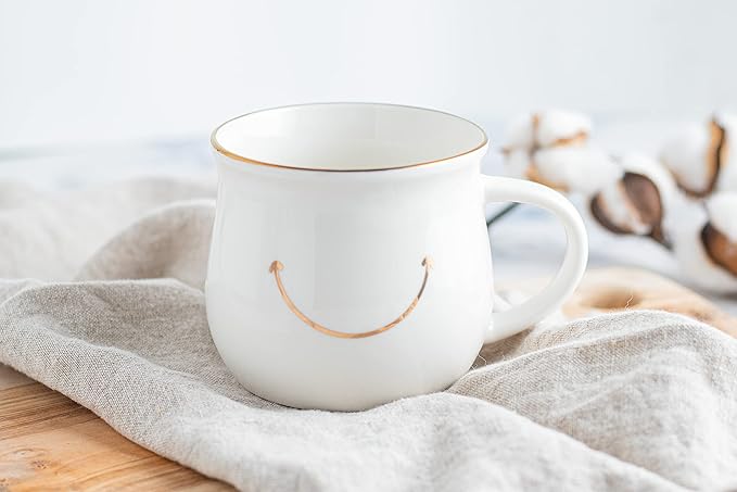 Elegant Gold-Accented Smiley Face Ceramic Mug - 13 Oz, Unique & Thoughtful Gift for Coffee Lovers, Eco-Friendly, Durable - Ideal for Home or Office