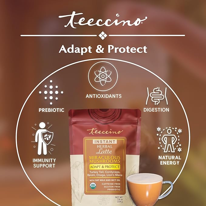 Miraculous Mushrooms Instant Adapt & Protect Herbal Latte By Teeccino – 16 servings -  Creamy Oat & Coconut Latte with Microground Herbs plus Reishi, Lion’s Mane, Chaga, Turkey Tail, Cordyceps - Caffeine Free, Prebiotic – 7.9 ounces