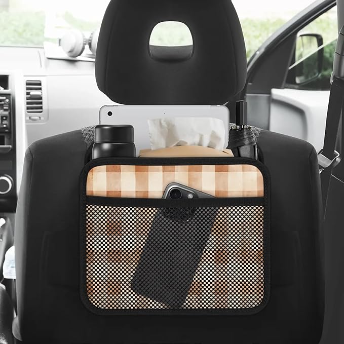 Retro Brown Checkered Car Backseat Organizer PU Leather Truck Back Seat Trash Bag Universal Hanging Storage Box Travel Accessories Foldable