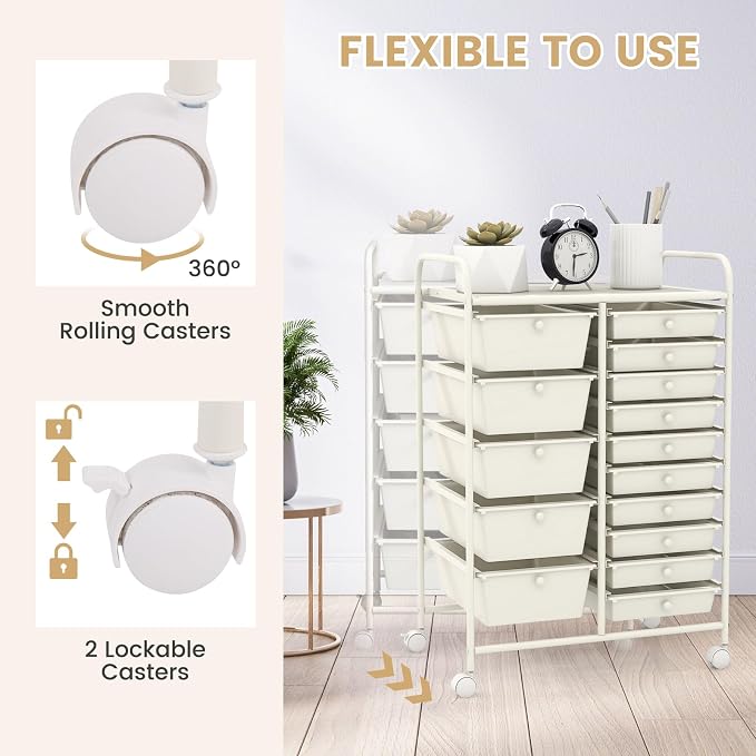 GOFLAME 15-Drawer Rolling Storage Cart, Craft Storage Cart with Removable Drawers & Lockable Wheels, Art Cart Supply Storage Organizer for Home Office Classroom, White