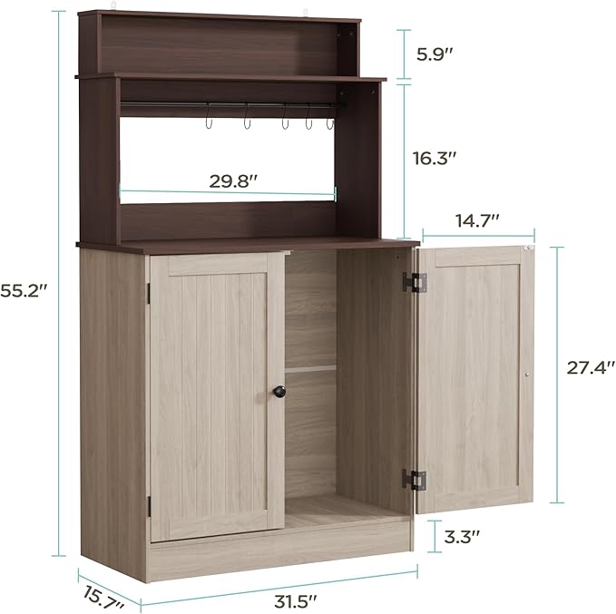 MHOM Farmhouse Bar Cabinet with Storage, Coffee Station Cabinet with 5 Hooks, Small Coffee Bar for Kitchen & Living Room, Antique Oak