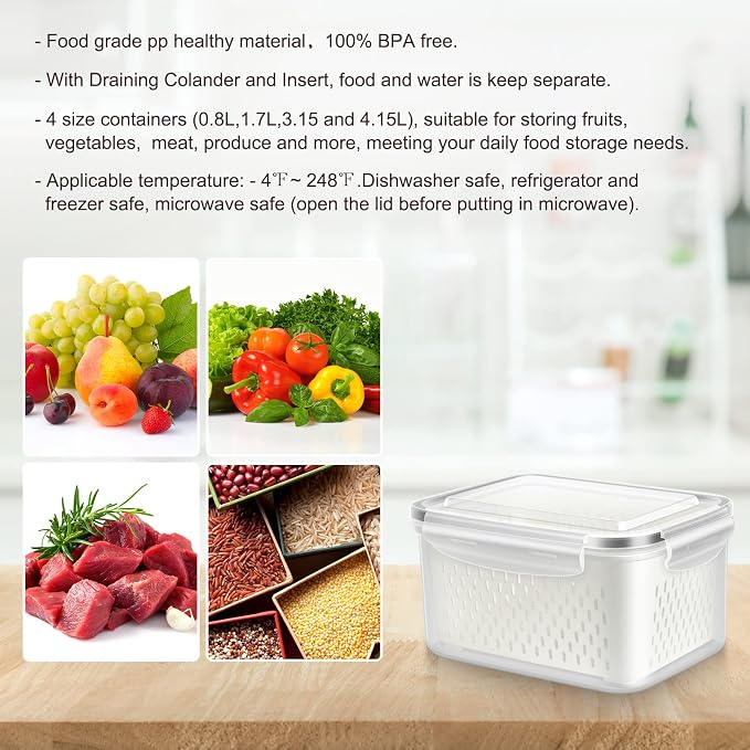 8 Pieces Fruit Storage Container for Fridge, 4Pack Plastic Fruit Containers for Fridge with Removable Colander, Container for Fruit Berry Salad Lettuce, BPA Free Kitchen Refrigerator Organizers
