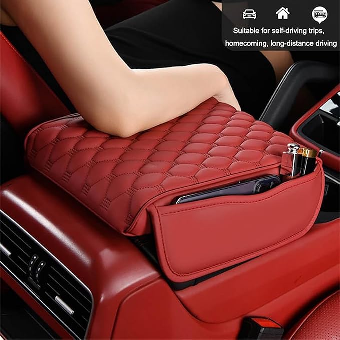 Car Center Console Cushion Pad for Kia EV9/EV9 GT-Line 2023-2025, Leather Armrest Box Pad Armrest Cover Arm Rest Cover Pad with 2 Storage Bags Waterproof for Most Vehicles Vehicles SUVs