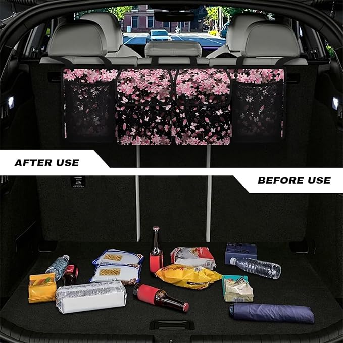 Cherry Blossom Car Trunk Organizer, Oxford Backseat Storage Bag with 4 Pockets, Adjustable Large Capacity Hanging Collapsible Bag for Most Vehicles, Universal Car Accessories