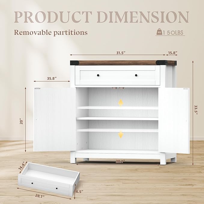 YESHOMY Coffee Bar and Accent Cabinet, Farmhouse Barn Door Buffet Sideboard with Drawer and Adjustable Shelf, Wide Desktop for Kitchen, Dining Room, Bathroom, Entryway, White＆Rustic