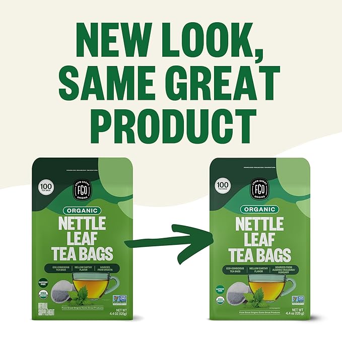 FGO Organic Nettle Leaf Tea, 100 Count, Eco-Conscious Tea Bags, Caffeine Free, Resealable Bag, Packaging May Vary (Pack of 1)