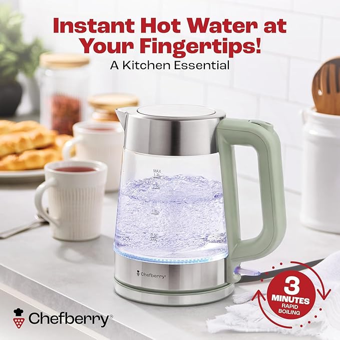 Electric Kettle for Boiling Hot Tea & Water | 1.7L Stainless Steel Borosilicate Glass Boiler With No Plastic, Automatic Shutoff, BPA Free, Fast Heating Technology (Green)