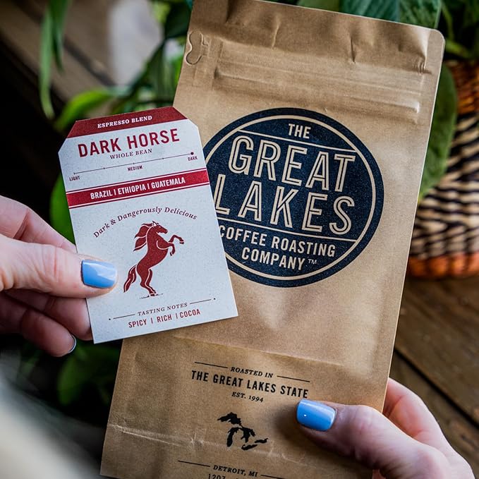 Great Lakes Dark Roast Whole Bean Coffee, Dark Horse Espresso Blend, Farmer Direct Sourced from Brazil, Ethiopia, and Guatemala, 12 Ounces
