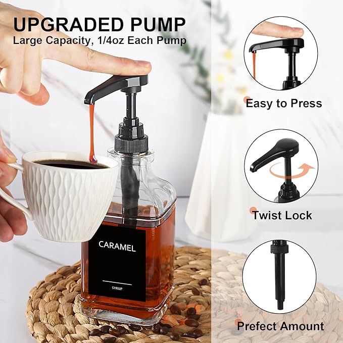 GMISUN Coffee Syrup Dispenser, 16.9 fl oz Syrup Pump Dispenser for Coffee Bar Accessories, Square Glass Syrup Bottle for Coffee Bar Essentials, Simple Maple Syrup Bottles with ¼oz Large Capacity Pump