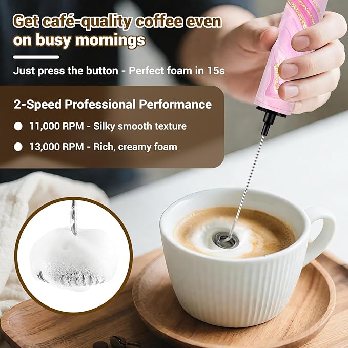 Milk Frother Handheld Rechargeable - 2-Speed Electric Whisk with 5 Detachable Heads (Frother/Mixer/Whisk) for Coffee, Latte, Cappuccino & Matcha, Drink Mixer (Flower 19)