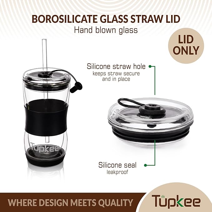 Tumbler Replacement Straw Lid - For Hand Blown Glass Travel Mug, 20-Ounce, Black