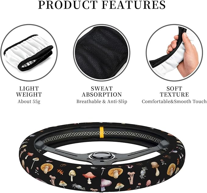 Retro Mushrooms Steering Wheel Cover for Women Men Girls, Car Accessories Decor Thickened Anti-Slip Auto Steering Wheel Covers Protector Universal Fit 15 Inch for Cars, Truck, SUV