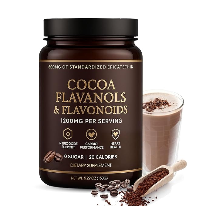 High Flavanol Cocoa Powder, 1200mg Cocoa Flavanols, Flavonoids & 600mg Epicatechin, Improve Circulation, Energy, Supports Heart Health & Brain Function (1, Gram, 150)