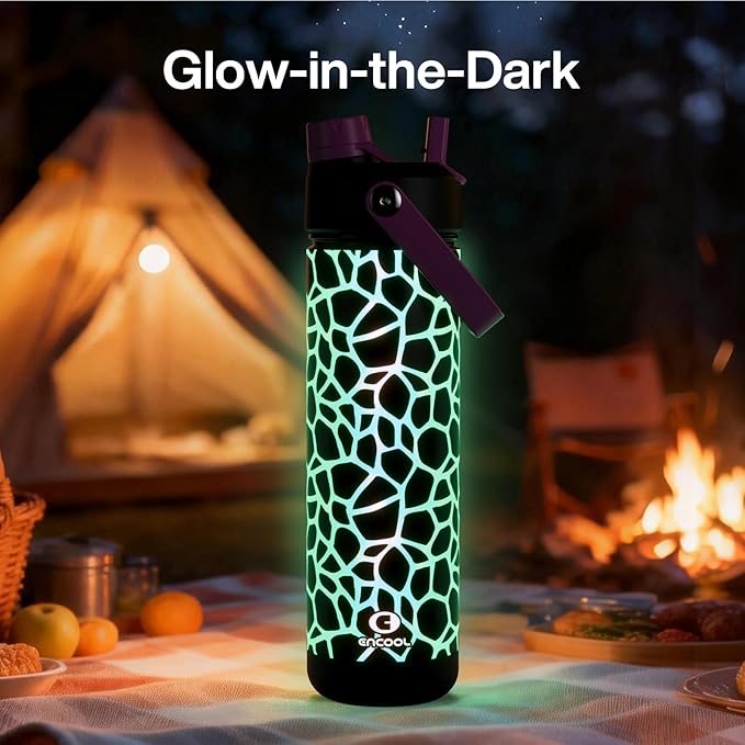 ENCOOL Insulated Water Bottle with Straw Stainless Steel Water Bottle, Glow in the Dark, Leak-Proof, BPA-Free, Keeps Cold for 24 Hours for Sports, Travel, School (26 oz, Bubble)