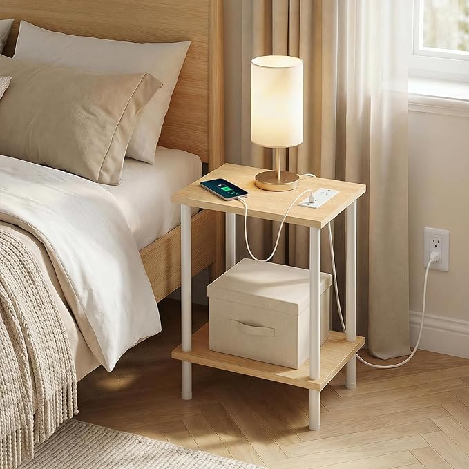 HOOBRO Side Table with Charging Station, Set of 2 End Tables with USB Port and Outlets, Nightstand with 2-Layer Storage Shelves for Small Spaces, Living Room, Bedroom, Natural and White WN09UBZP201