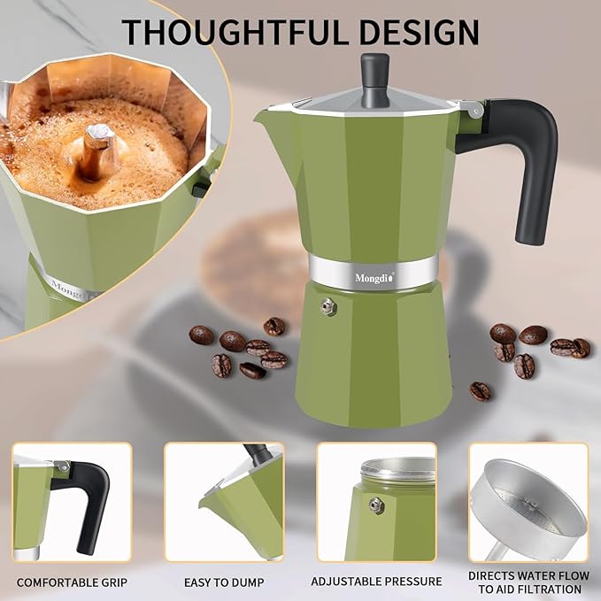Mongdio Stovetop Espresso Maker Moka Pot, Stove Top Cuban Coffee Maker, Italian Greca Mocha Pot, 12 Espresso Cups, 20 oz - Green