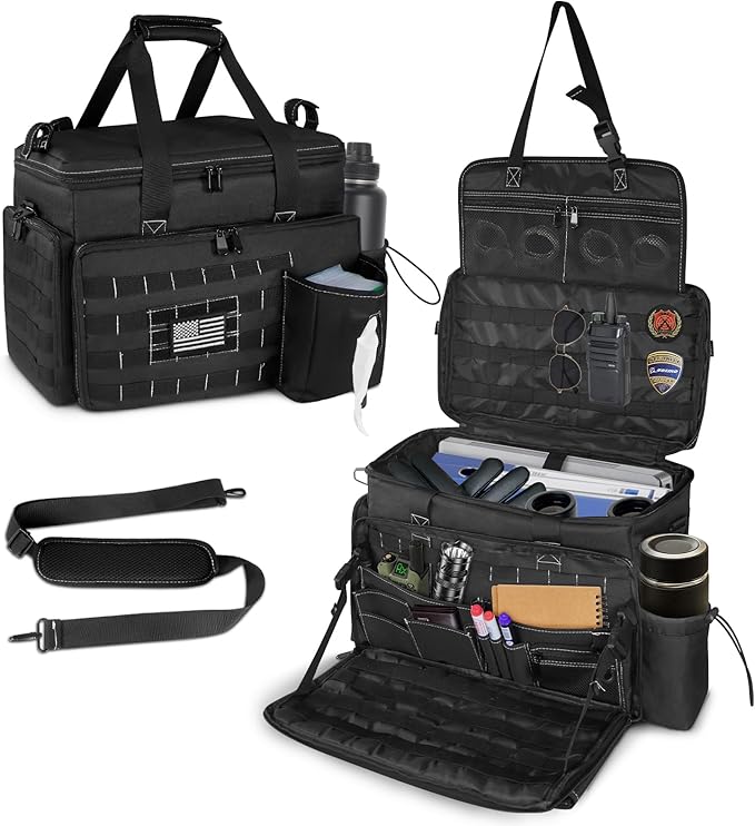 LIWSHWZ Patrol Bag Law Enforcement,Police Gear Bag for Car Front Seat Organizer with 15.6” Laptop Layer and Cup Holders,Multiple Compartments Police Duty Bags Fit Vehicle Passenger Seat