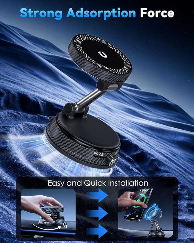 CloudValley Only for iPhone Magnetic Car Mount Charger【15W Fast Wireless Charging】 Compatible with MagSafe, Super Strong Vacuum Suction, 360° Adjustable Foldable Stand for Car Dashboard/Windshield