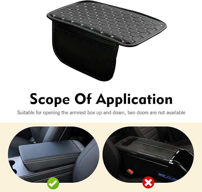 Car Center Console Cover, Leather Waterproof Armrest Cover Protector with 2 Side Storage Bags, 7.87" x 11.8" Comfort Anti-Slip Armrest Seat Box Pad, Universal for Most Cars (Black)