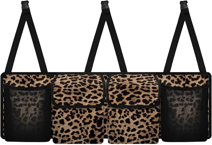 Brown Leopard Back Seat Car Organizer Hanging Car Storage Bag with 4 Pockets & Buckle Trunk Grocery Organizer for SUV Stain-resistant Vehicle Accessories for Family Camping
