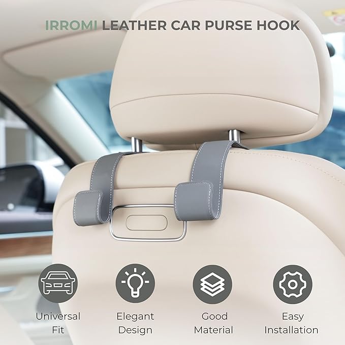 Purse Holder for Car, 2 Pack Upgraded Car Seat Hooks for Hanging Purse and Bag, Leather Headrest Hooks for Car Back Seat, Car Organization Accessories (Beige)
