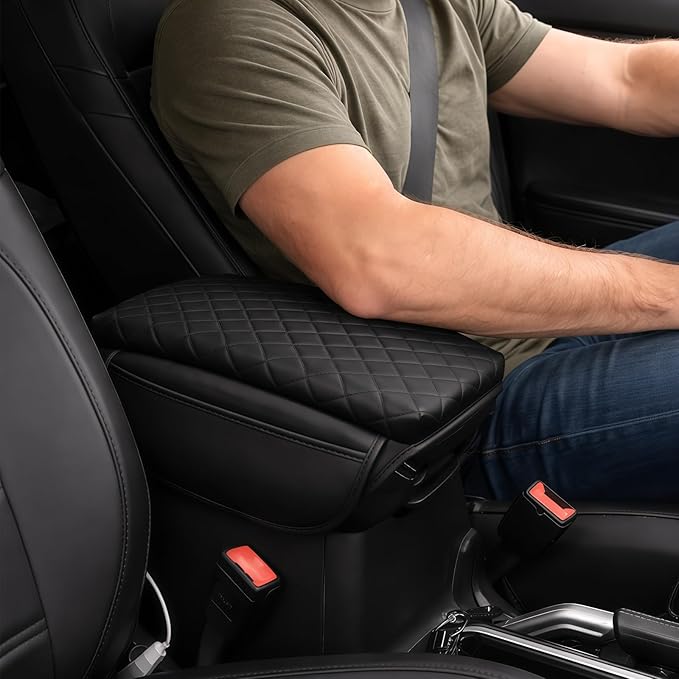 Armrest Cover for 2015-2019 Hyundai Sonata Center Console Pad with Organizer Storage Pockets, Black Faux Leather Arm Rest Lid Protector Cushion Interior Accessories