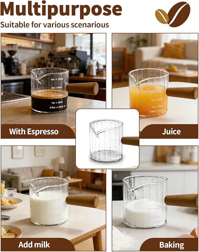 Espresso Measuring Cup 4 Oz, Espresso Glass Cups with Wood Handle, Milk Frothing Cup, Espresso Cup for Coffee, Milk, Tea or Maple Syrup Serving (Transparent, 4 oz)