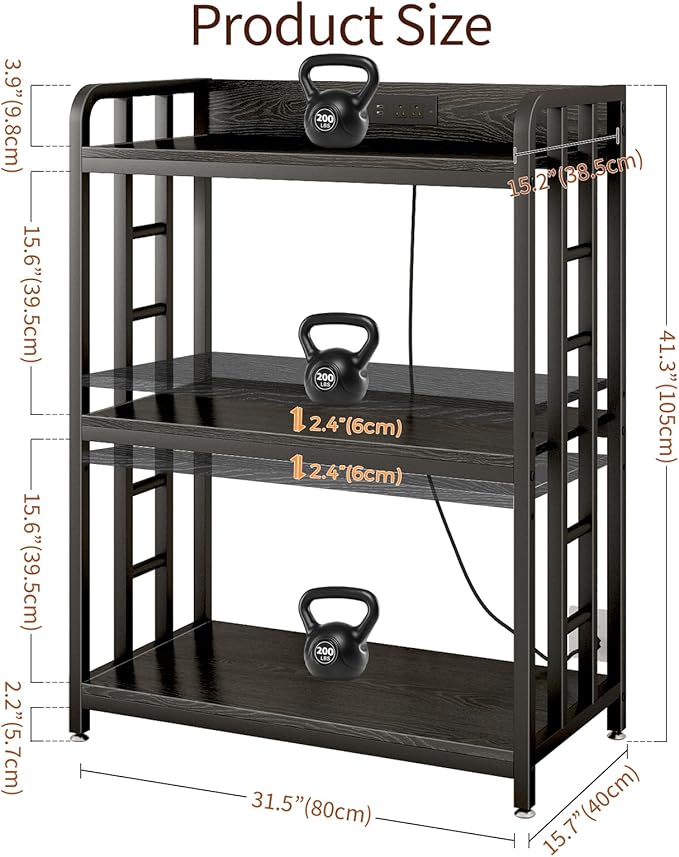 Bakers Rack with Power Outlet,Adjustable Microwave Stand with Storage,3-Tier Kitchen Shelves,Microwave cart Suitable for Kitchen,Dinning Room,Coffee Bar,Living, Black