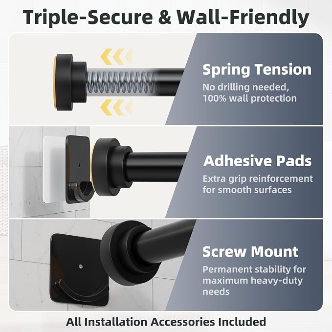 STARLATTA Long Tension Shower Curtain Rod 31-94 Inch: 1.1" Dia Rustproof Stainless Steel, No Drilling Heavy Duty, Adjustable Room Divider for Bathroom Window, Matte Black