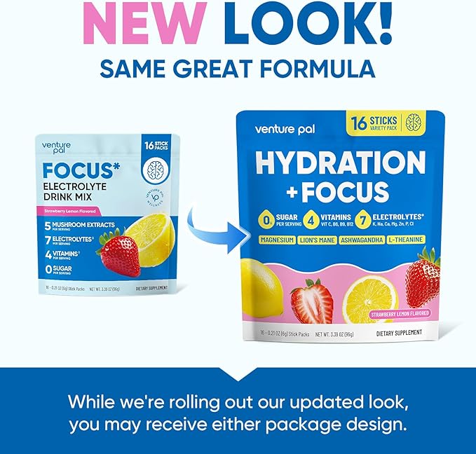 Venture Pal 2-in-1 Hydration Packets + Focus Support Electrolytes Powder, 7 Electrolytes + Vitamins, Magnesium, Lion's Mane & L-Theanine | Sugar Free Liquid Daily IV Drink Mix, Vegan, Keto, 16 Sticks