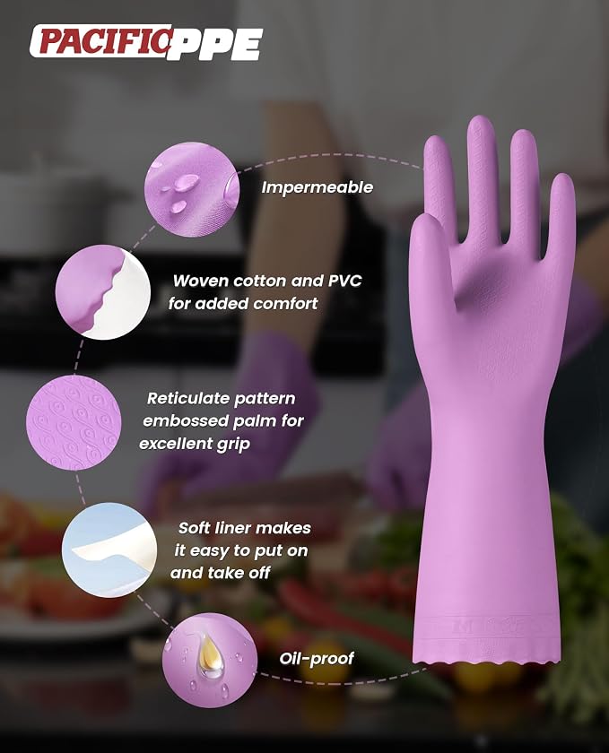 PACIFIC PPE 2 Pairs Dishwashing Cleaning Gloves with Latex free, Cotton lining, Kitchen Gloves (Purple+Blue, Medium)