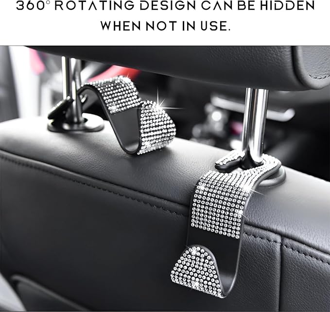 4 PCS Car Seat Headrest Hooks, Bling Rhinestone Purse Hook Vehicle Back Seat Hanger, Sparkling Crystal Headrest Hangers Storage Organizer for Grocery Bag Handbag Coats (Black)