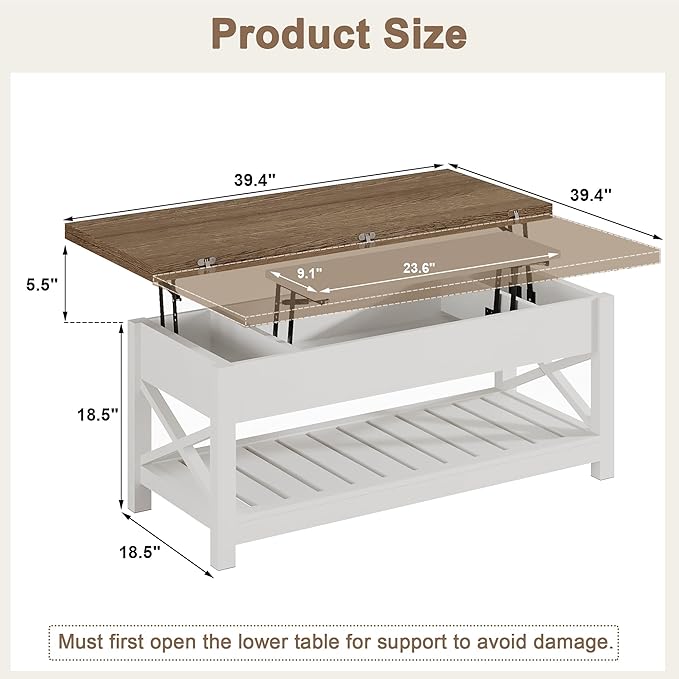 ChooChoo Farmhouse Lift Top Coffee Table, Multi-Function Convertible Coffee Table with Storage and Hidden Compartment, Converts to Dining Table for Living Room, 40 White & Brown