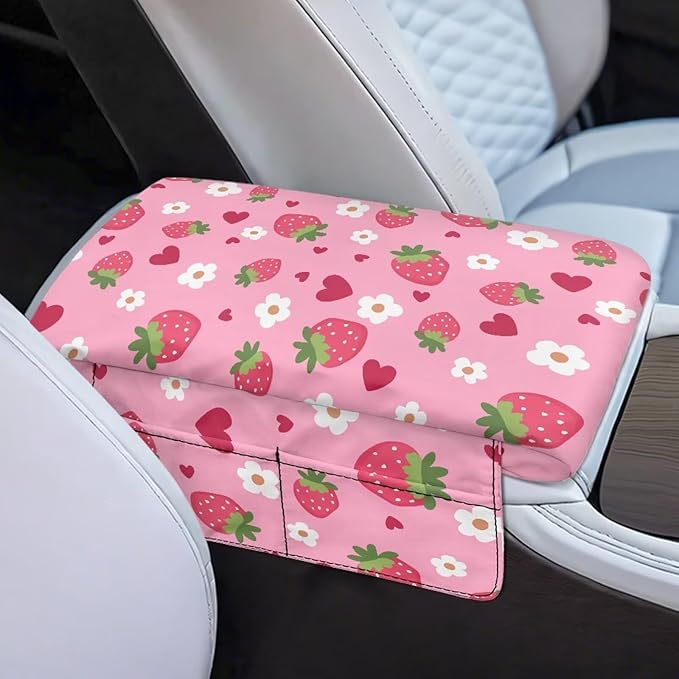 Dreaweet Car Center Console Cover Cute Strawberry Arm Rest Cover for Car Women Soft Thick Center Console Armrest Pad with Pockets Soft Comfortable Car Armrest Storage Box Mat