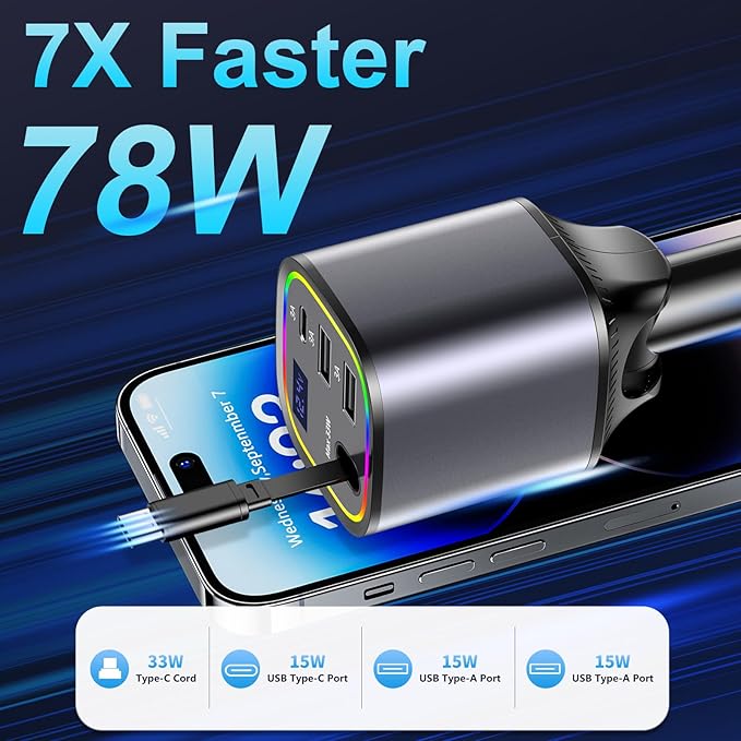 [2 Pack] Retractable Car Charger USB C 78W & 85.5W 4 in 1 Fast Car Charger, 4 Ports Cigarette Lighter Adapter with Retractable Cables, Compatible with iPhone 16/15/14/13/12/11, Galaxy, Pixel,