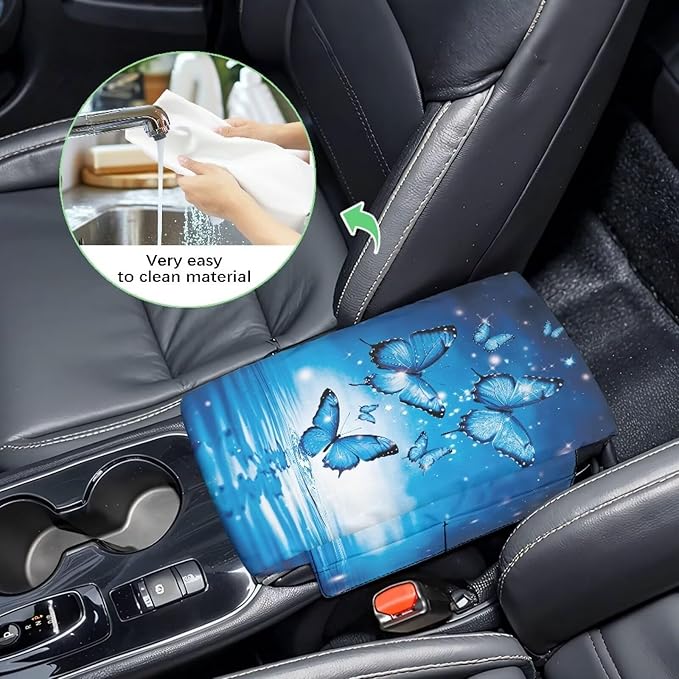 Dreaweet Car Armrest Cover Blue Butterfly Car Accessories Thick Center Console Cover Pad Universal Arm Rest Cover for Car Console Covers with Pockets for Truck Sedan SUV