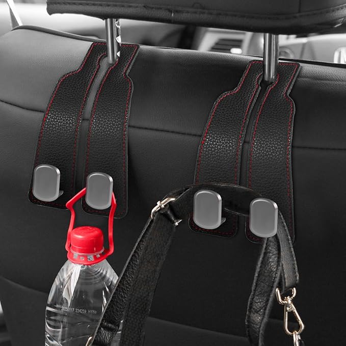 2PCS Car Seat Back Storage Headrest Hooks, Genuine Leather Double Metal Hook for Backseat Organizer for Men Women Car Organization Accessories (G)