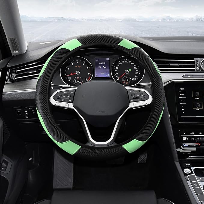 Car Steering Wheel Cover, Steering Wheel Protector, Universal 14.5-15 Inch Microfiber Leather Breathable Auto Steering Wheel Covers, Carbon Fiber Steering Wheel Cover for Women Men (Green)