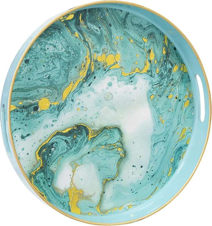 MAONAME Turquoise Decorative Tray for Coffee Table, 13" Modern Marbling Serving Tray with Handles, Plastic Round Trays for Ottoman, Bathroom, Storage