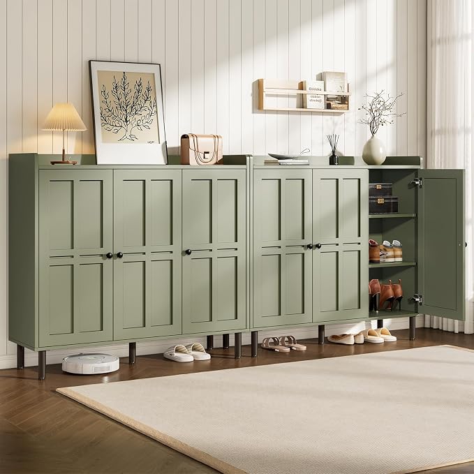 ONBRILL Shoe Cabinet with 3 Doors and Adjustable Shelves, 30 Pairs Shoe Storage Cabinet, 40 Inch Tall Farmhouse Shoe Rack Shoe Organizer Cabinet for Entryway Living Room Closet, Green