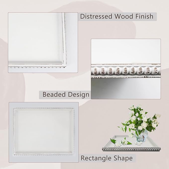 Hodeframe12x16 Rectangular Decorative Tray for Coffee Table: White Wood Butler Serving Tray Candle Holder Trays Vintage Centerpiece Farmhouse Ottoman Tray for Decor Countertop Home Decor Accessories