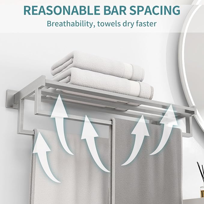 Towel Racks for Bathroom Wall Mounted, 24 Inch Double Towel Bar, Dual Towel Rack with Shelf, Stainless Steel Hand Towel Hanger, Bath Towel Holder for Wall, Brushed Nickel