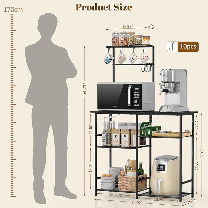 Baker's Rack for Kitchen with Storage, Microwave Stand with Adjustable Shelves, Kitchen Stand with 10 S Hooks, 6-Tier Coffee Bar Station, Storage Shelves for Spices, Pots, Gray