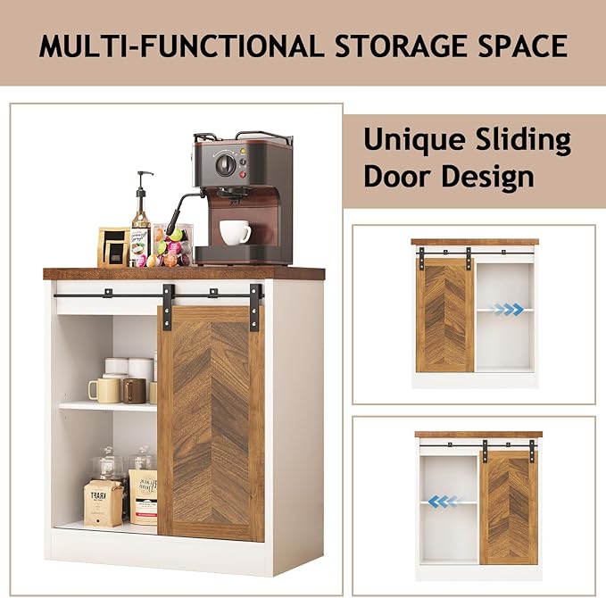 Catrimown Farmhouse Small Coffee Bar Cabinet with Storage, White Coffee Bar Table with Sliding Barn Door, Adjustable Shelves, Bar Cabinet for Kitchen, Dining Living Room, 1 Pack
