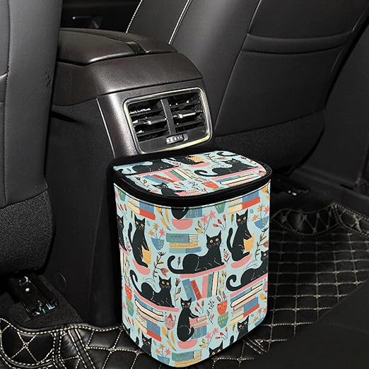Black Cat Cute Pattern Car Trash Can, Suitable for Rear Seats and Behind The Center Console