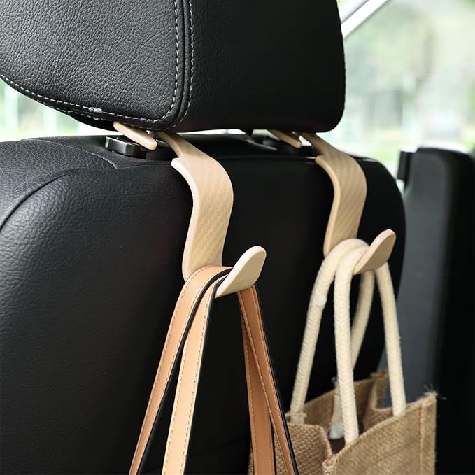 Car Seat Headrest Hook, 4 Pack Auto Seat Hanger Storage Organizer for Purse Handbag Coats Grocery Bags, Car Interior Accessories, Universal Vehicle Backseat Plastic Hanging Hook (Beige)