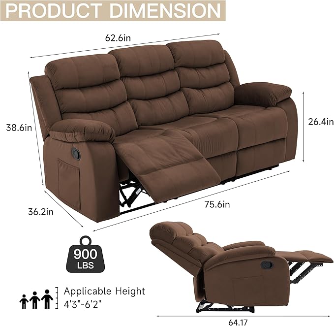Reclining Sofa Set 3 Seater Couch Recliner, Velvet Wall Hugger Recliner Sofas for Living Room, RV, Home Theater Seating(Brown, 3 Seater Sofa)